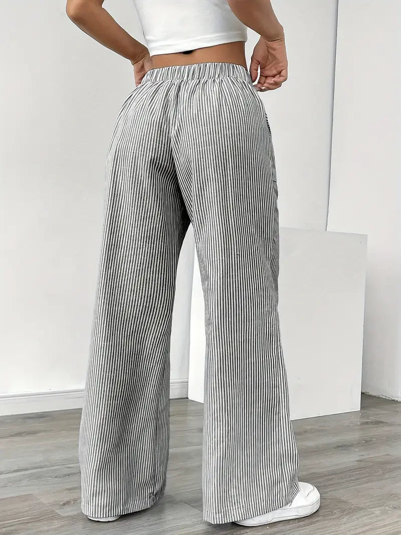 Pantalon large femme imprimé rayures taille élastique cordon poches fluide