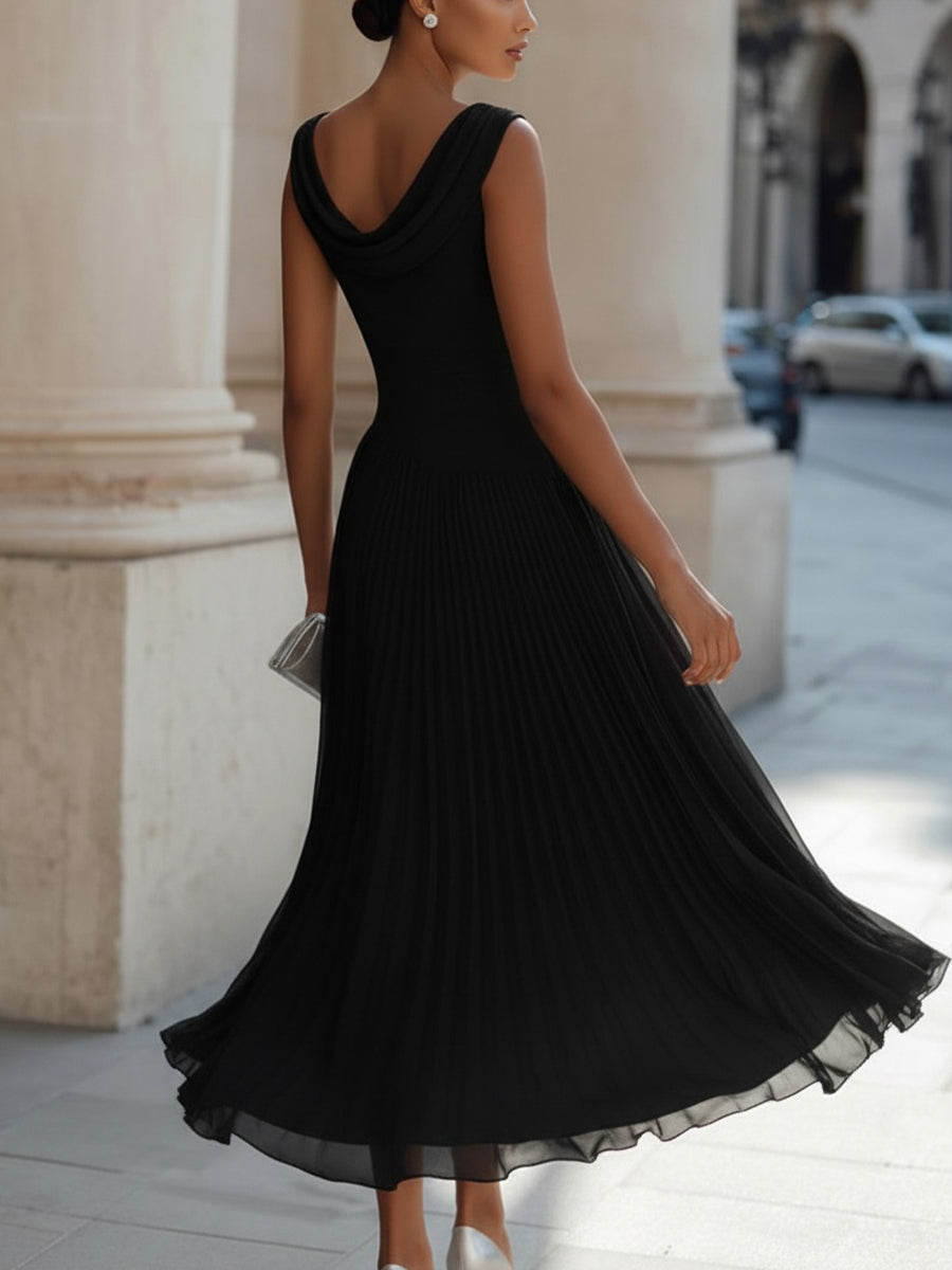 Robe midi invitée mariage plissée col drapé sans manches