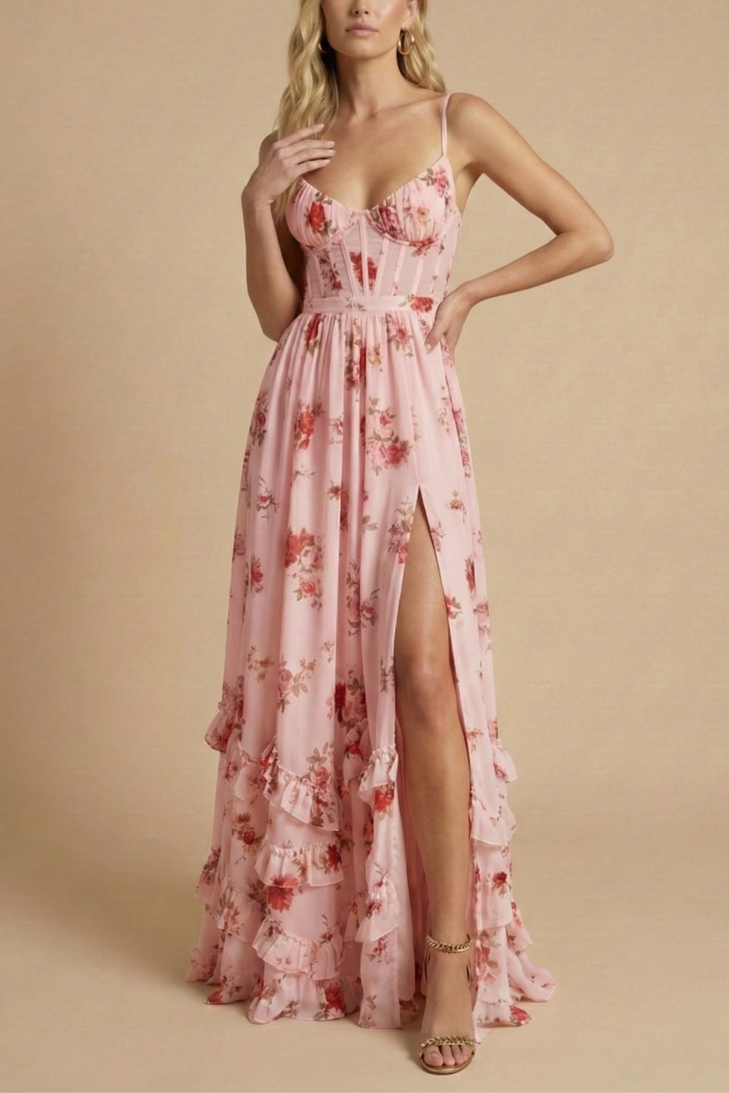 Robe longue fleurie femme fente avant bretelles fines col cœur coupe fluide