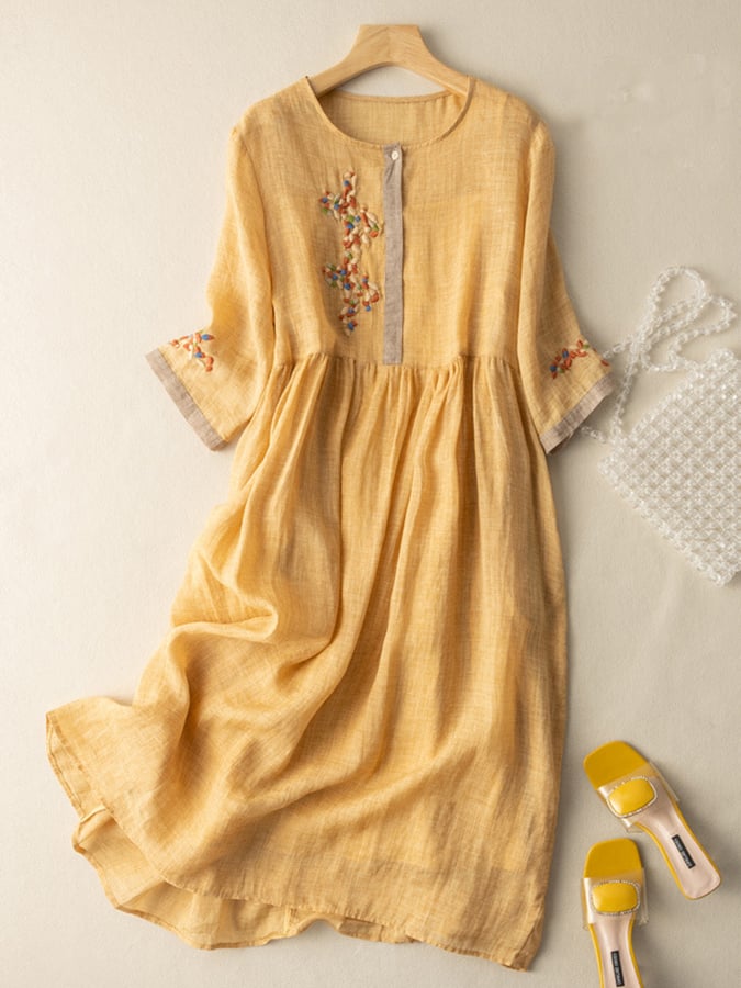 Robe midi femme coton lin brodée col rond manches 3/4 coupe ample