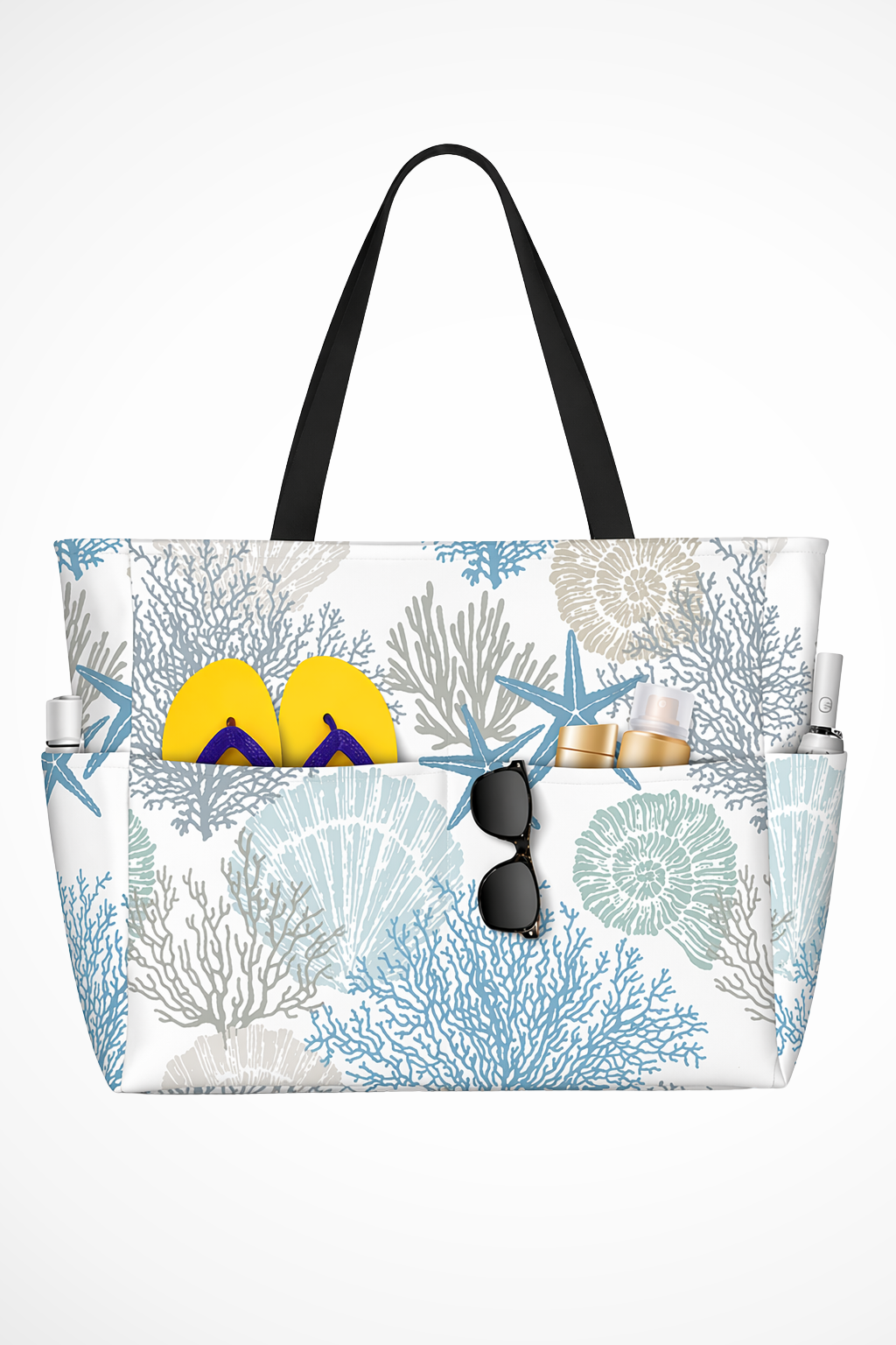 Sac cabas femme grand format imprimé corail marin poches fermeture zippée