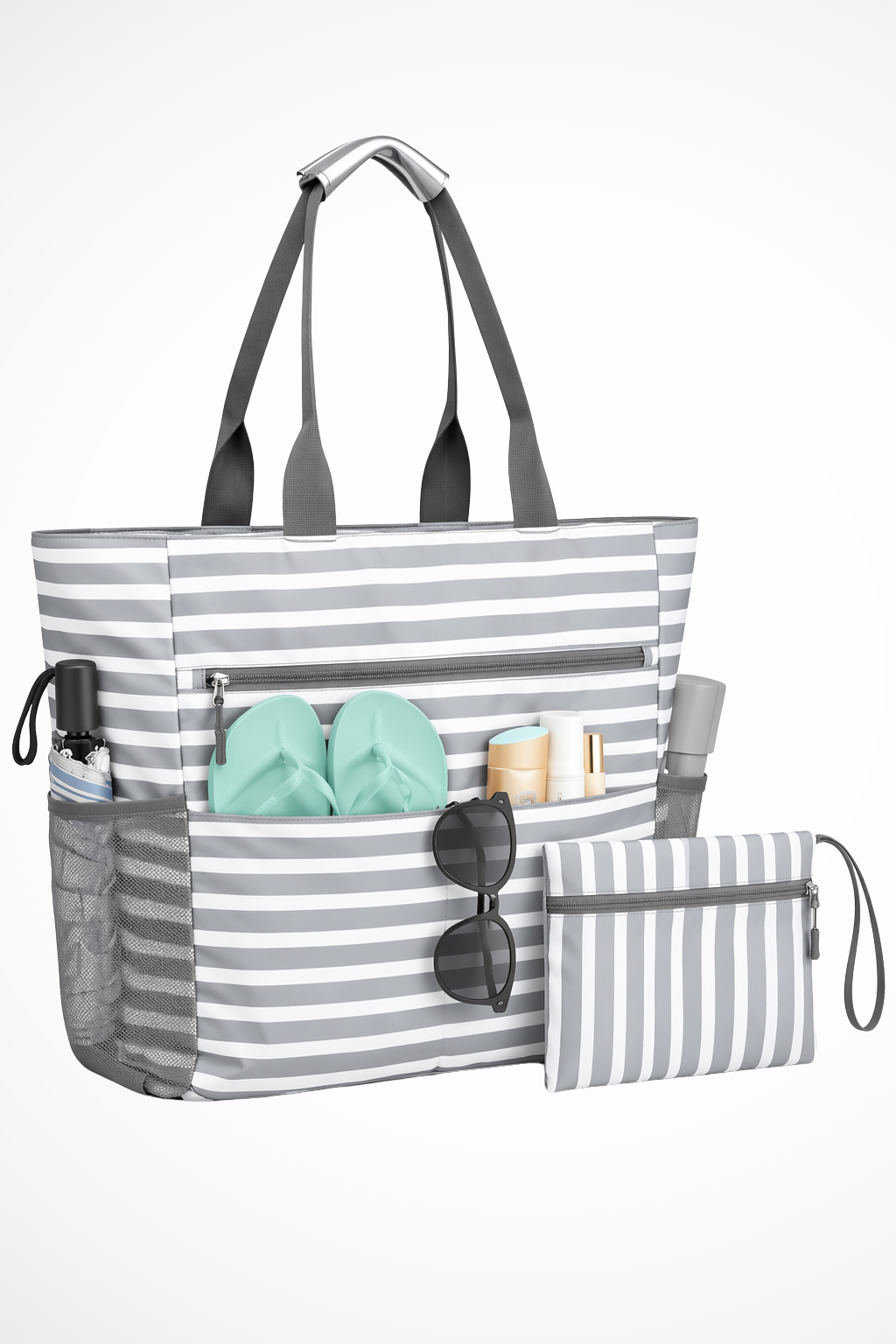 Sac cabas femme grand format imprimé rayures poches multiples fermeture zippée