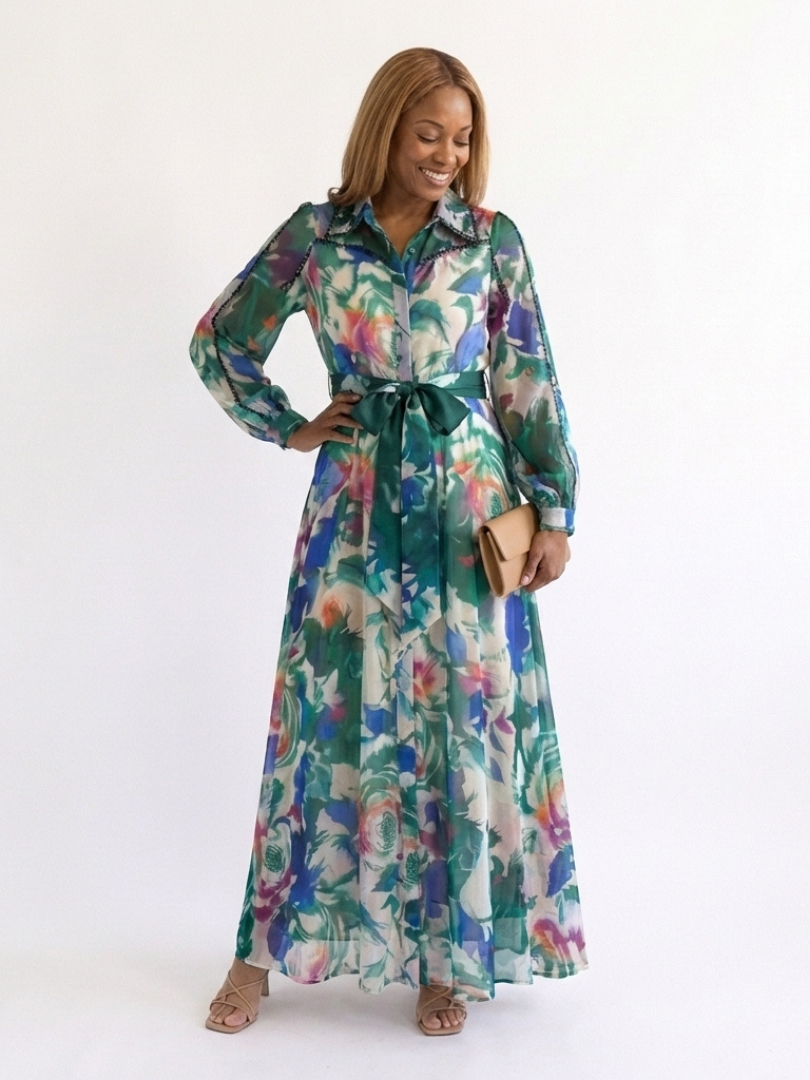 Robe longue femme imprimé floral col chemise manches longues ceinturée fluide chiffon