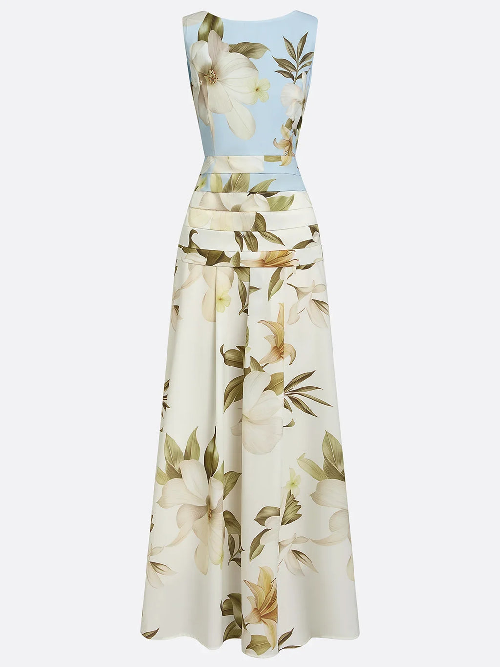 Robe longue fleurie invitée mariage col bateau sans manches