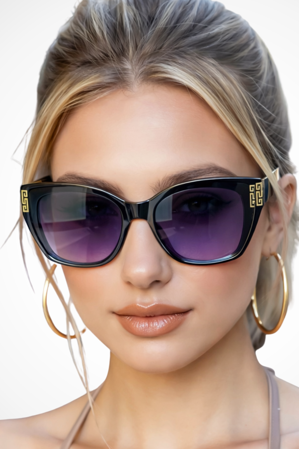 Lunettes de soleil femme œil de chat monture écaille verres dégradés détails dorés UV400