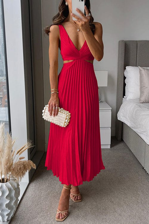 Robe midi plissée femme col V sans manches taille cintrée élégante