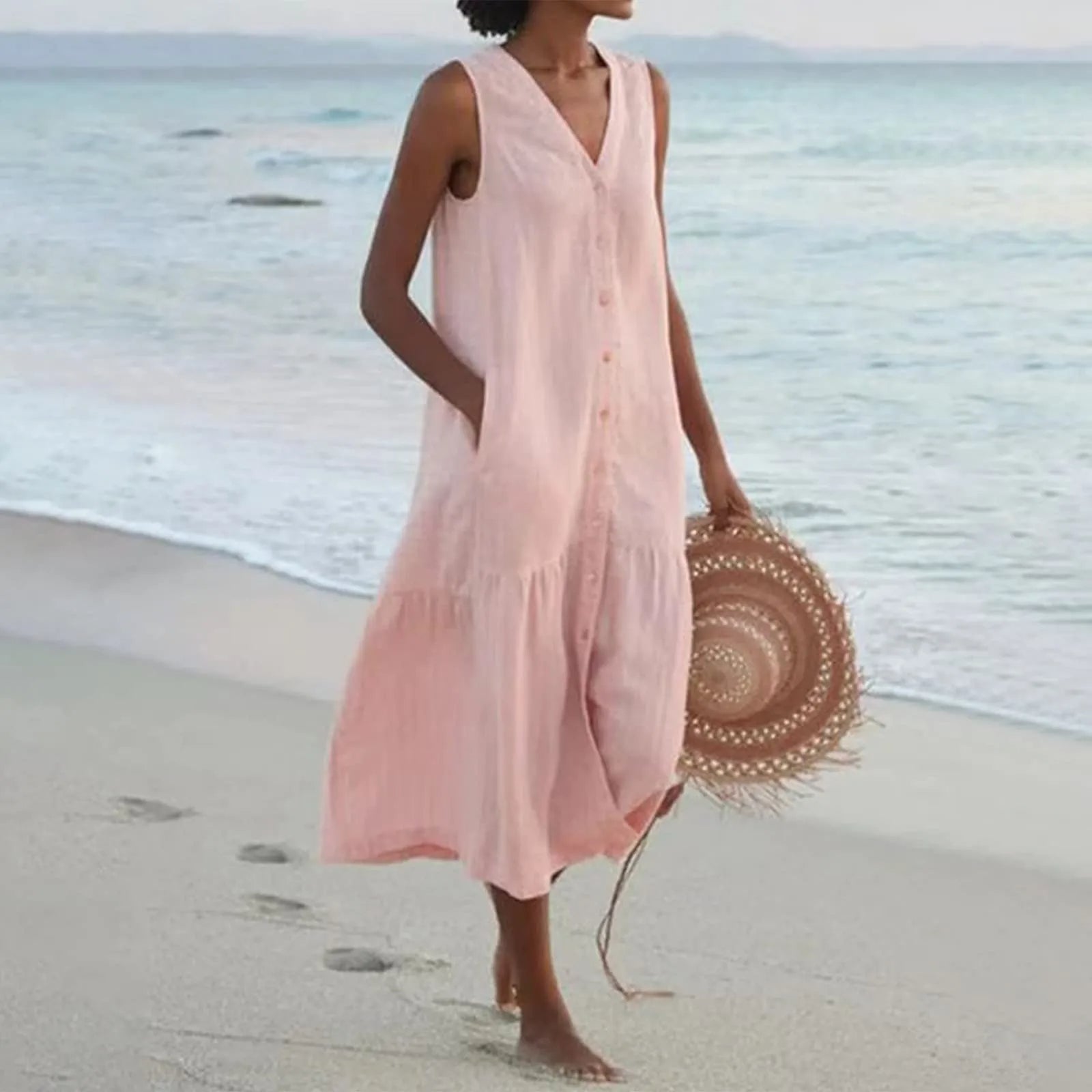 Robe midi femme col V sans manches boutonnée coupe ample poches