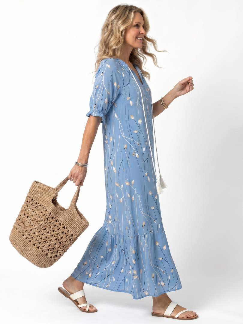 Robe longue femme col V manches courtes imprimé floral fluide bohème