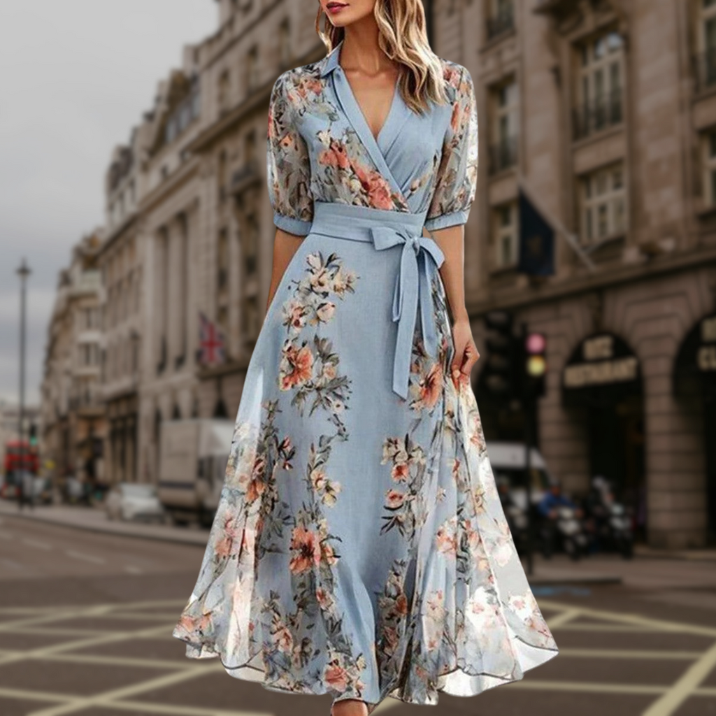 Robe longue invitée mariage fleurie portefeuille col V ceinturée manches 3/4