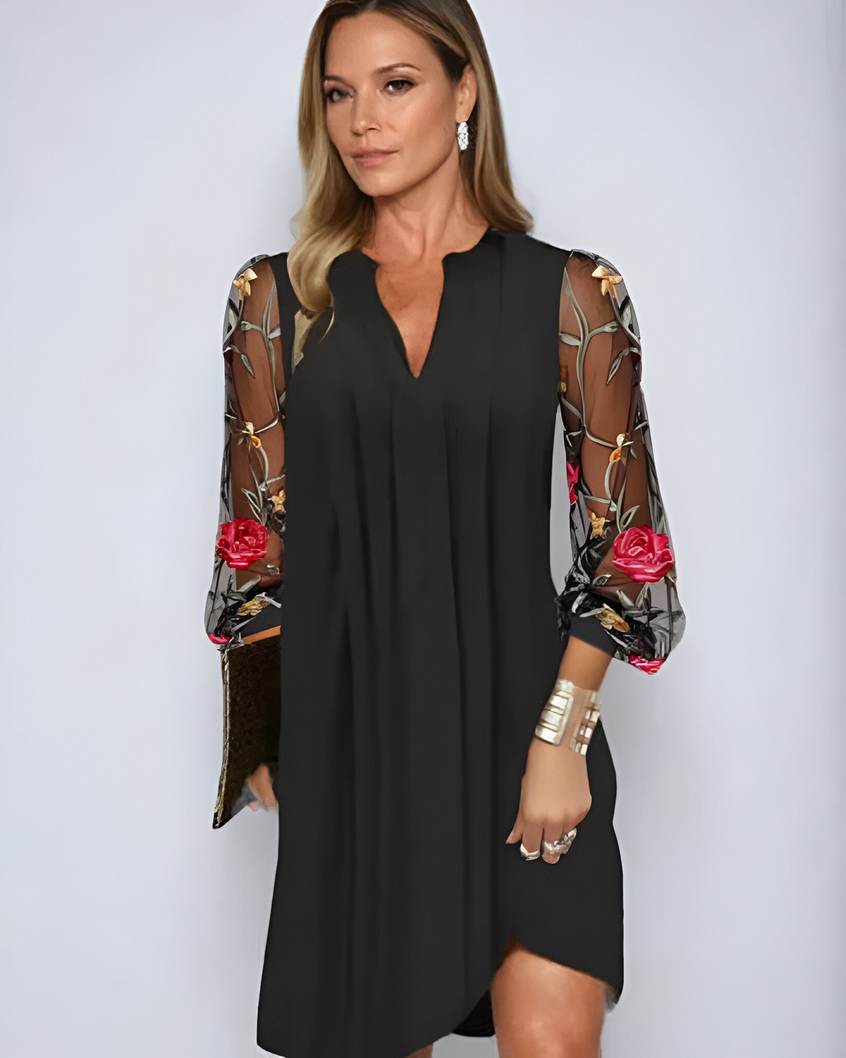 Robe courte femme col V manches longues transparentes broderie florale