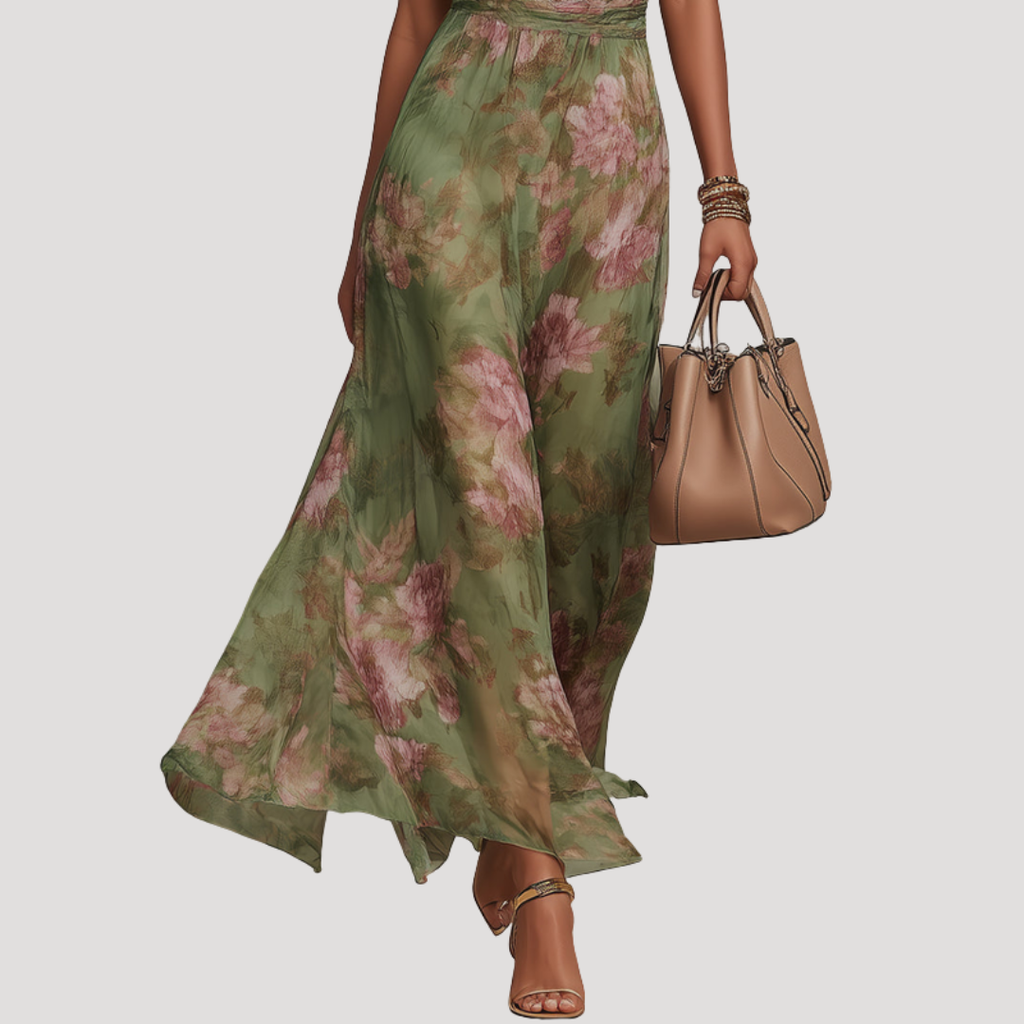 Robe longue invitée mariage fleurie dos nu col halter fluide