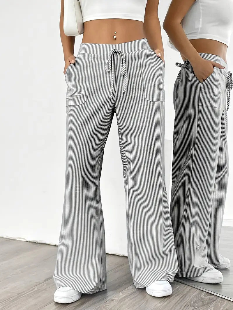 Pantalon large femme imprimé rayures taille élastique cordon poches fluide