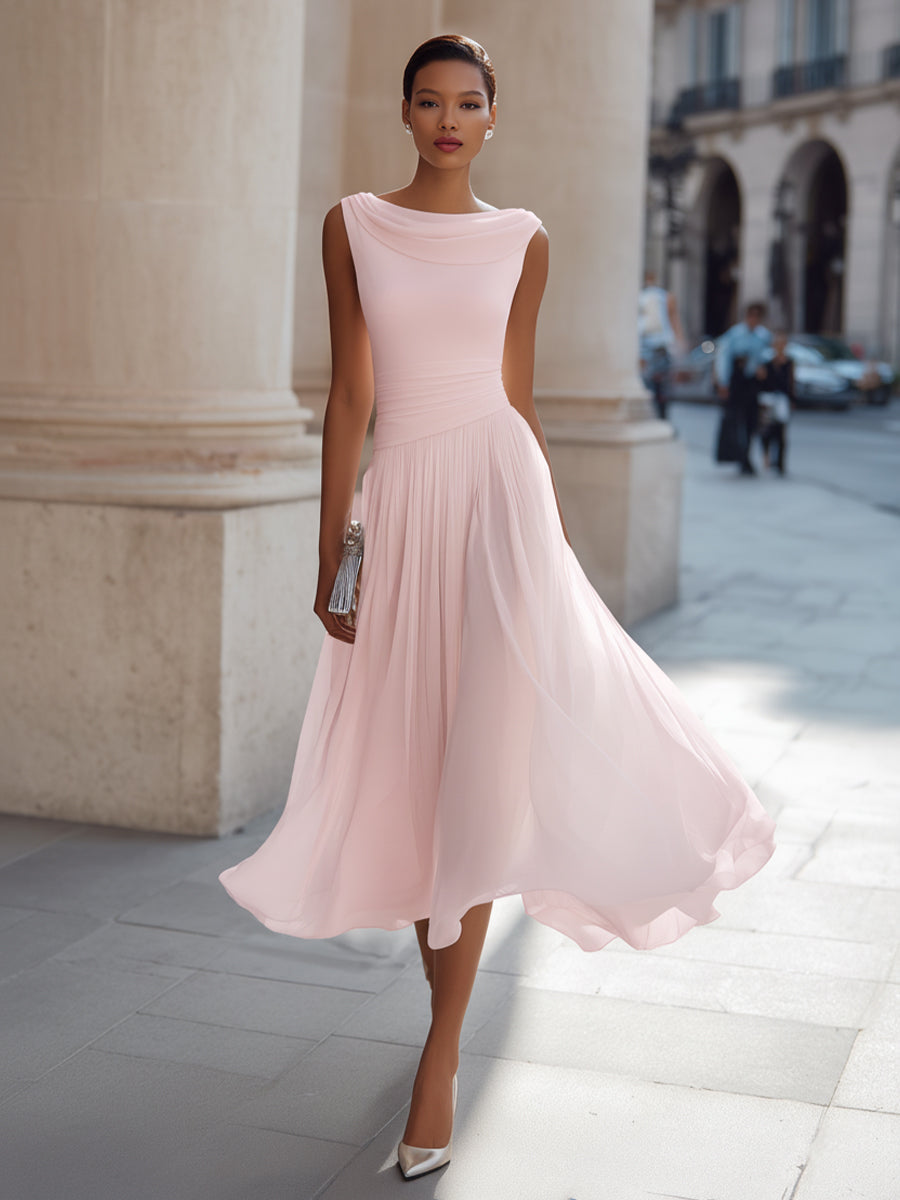 Robe midi invitée mariage plissée col drapé sans manches