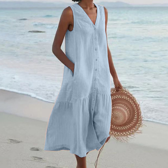 Robe midi femme en lin sans manches boutonnée volant bas coupe ample
