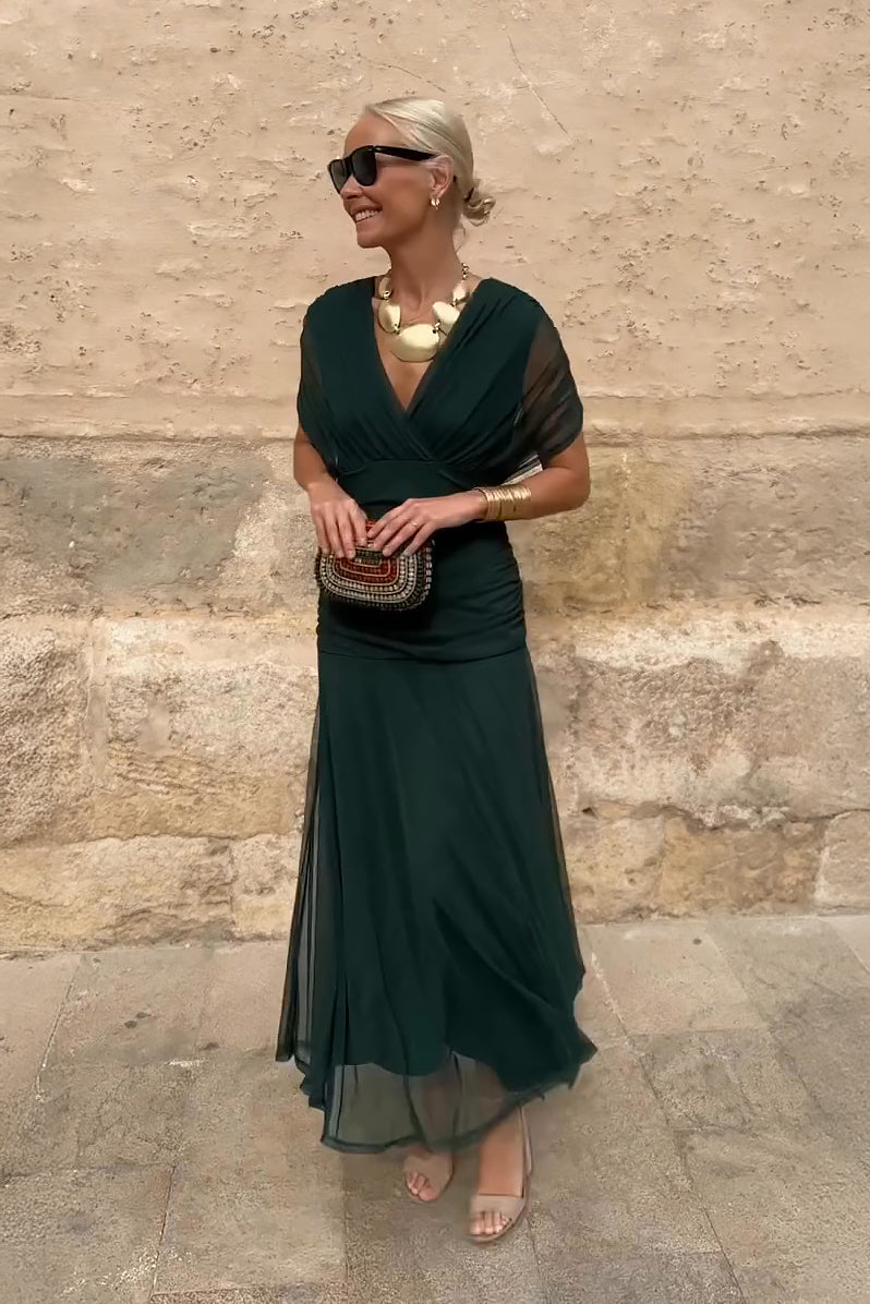 Robe longue femme col cache-cœur drapée en mousseline fluide élégante