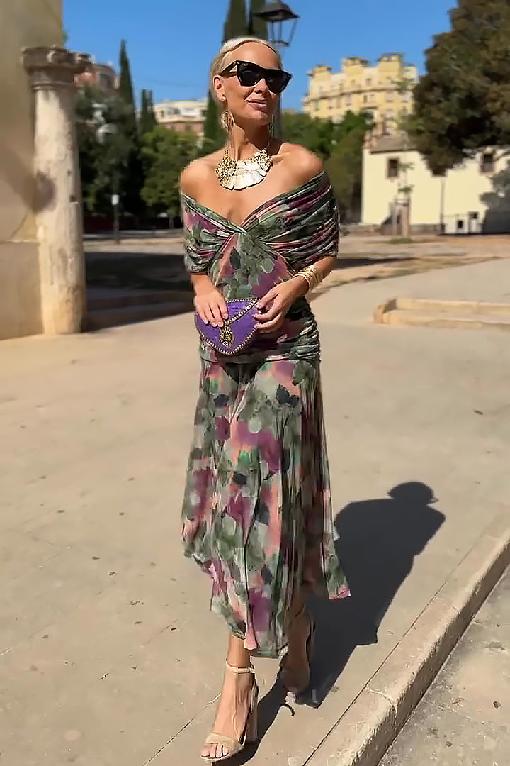 Robe longue femme col cache-cœur drapée en mousseline fluide élégante