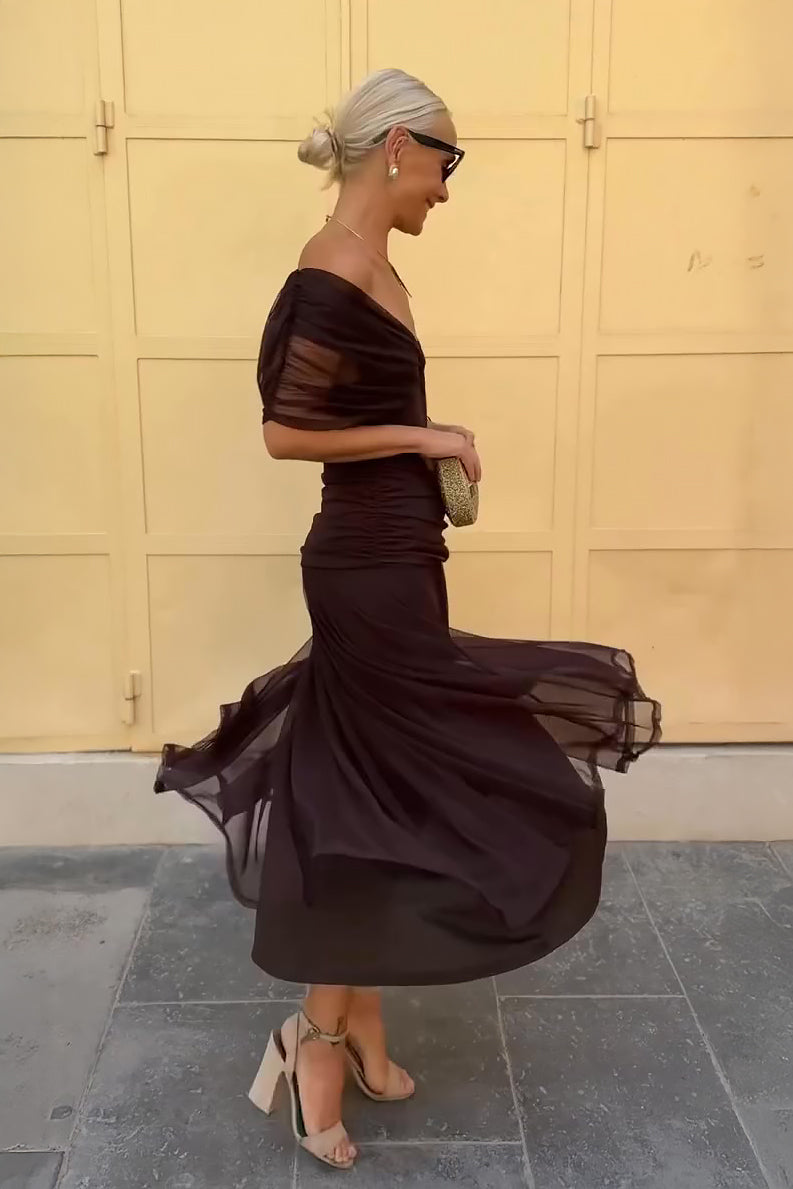 Robe longue femme col cache-cœur drapée en mousseline fluide élégante