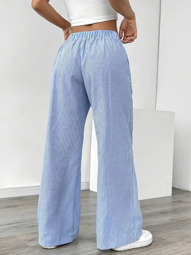 Pantalon large femme imprimé rayures taille élastique cordon poches fluide