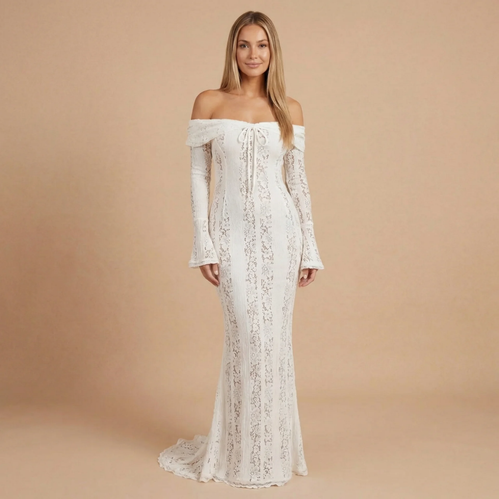 Robe longue dentelle femme épaules dénudées manches longues coupe sirène cérémonie