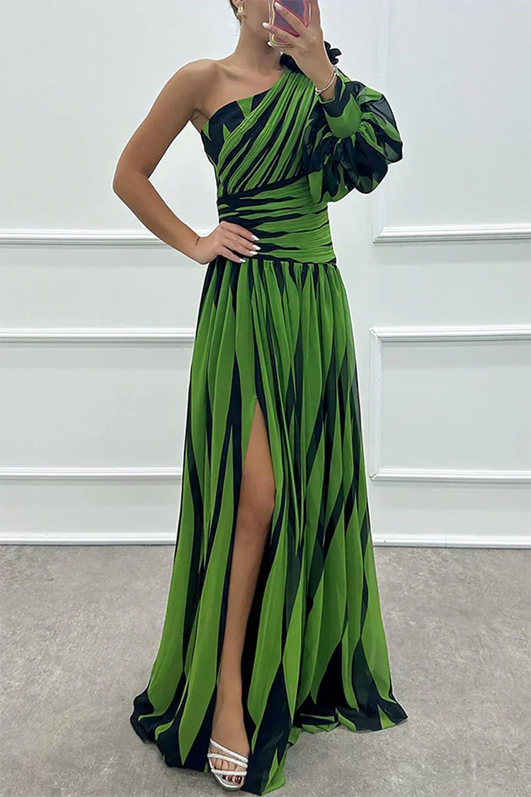 Robe longue invitée mariage asymétrique rayures fente manche bouffante