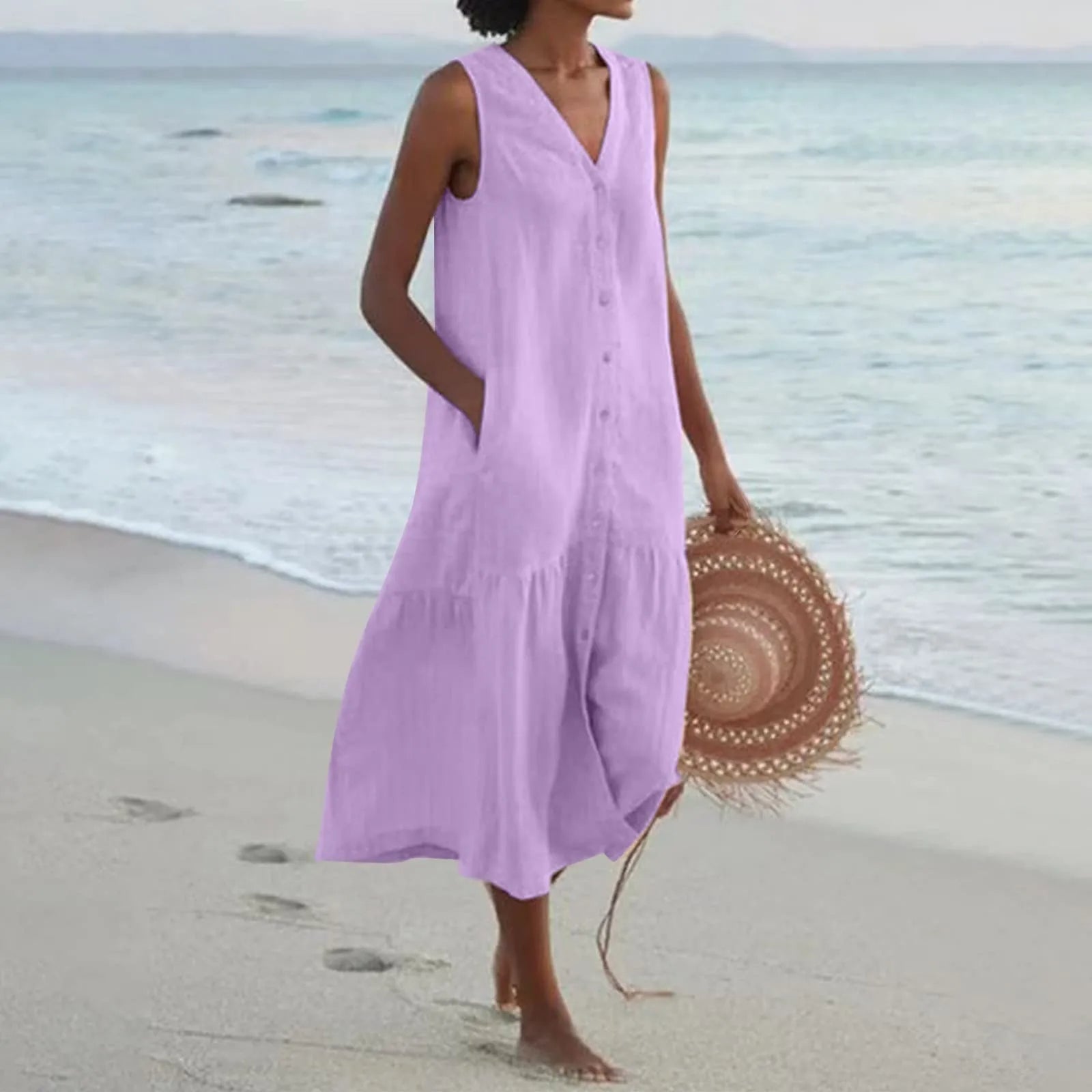 Robe midi femme col V sans manches boutonnée coupe ample poches