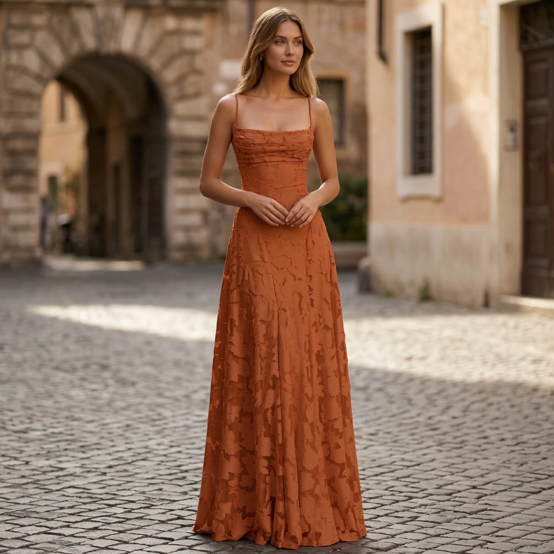 Robe longue femme bretelles fines texture florale coupe évasée invitée mariage