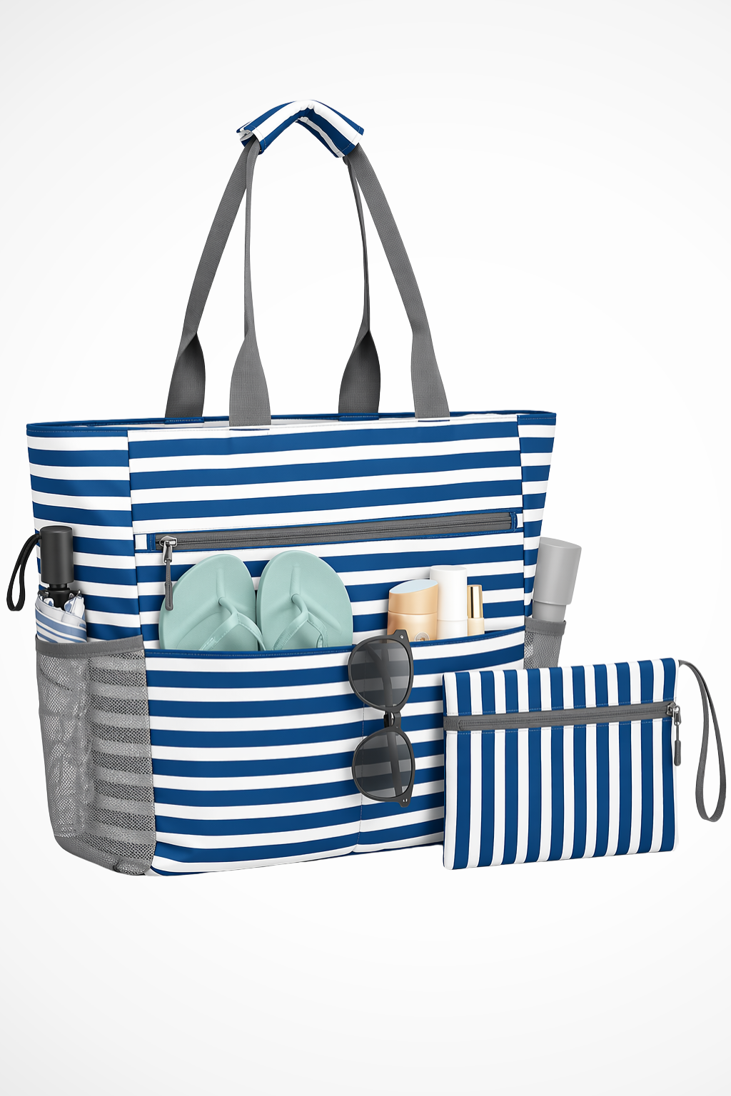 Sac cabas femme grand format imprimé rayures poches multiples fermeture zippée