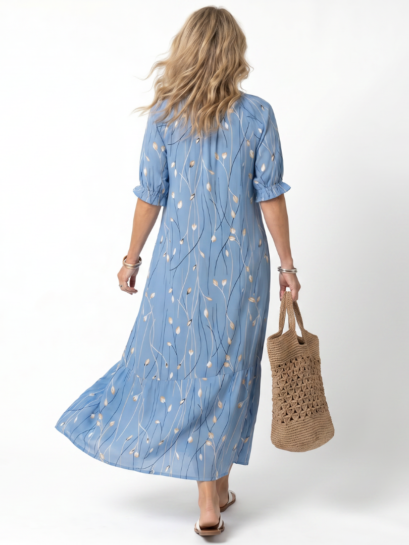Robe longue femme col V manches courtes imprimé floral fluide bohème