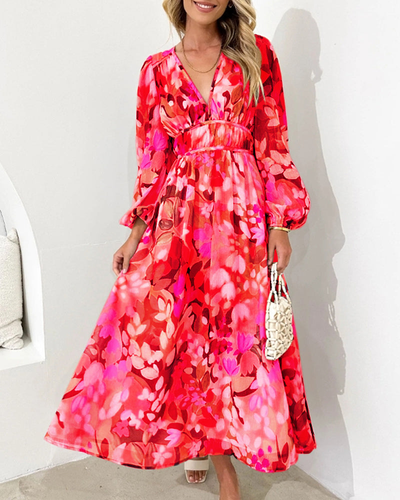 Robe bohème longue femme imprimé floral col V manches longues taille empire