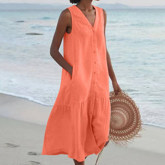 Robe midi femme en lin sans manches boutonnée volant bas coupe ample