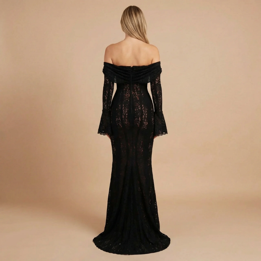 Robe longue dentelle femme épaules dénudées manches longues coupe sirène cérémonie