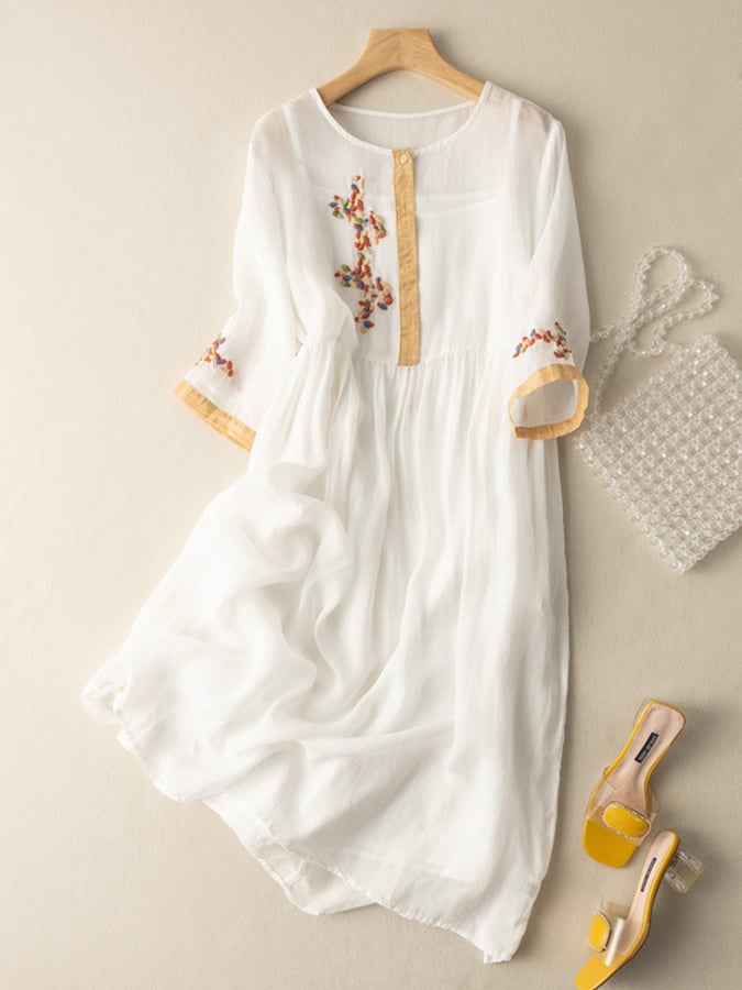 Robe midi femme coton lin brodée col rond manches 3/4 coupe ample