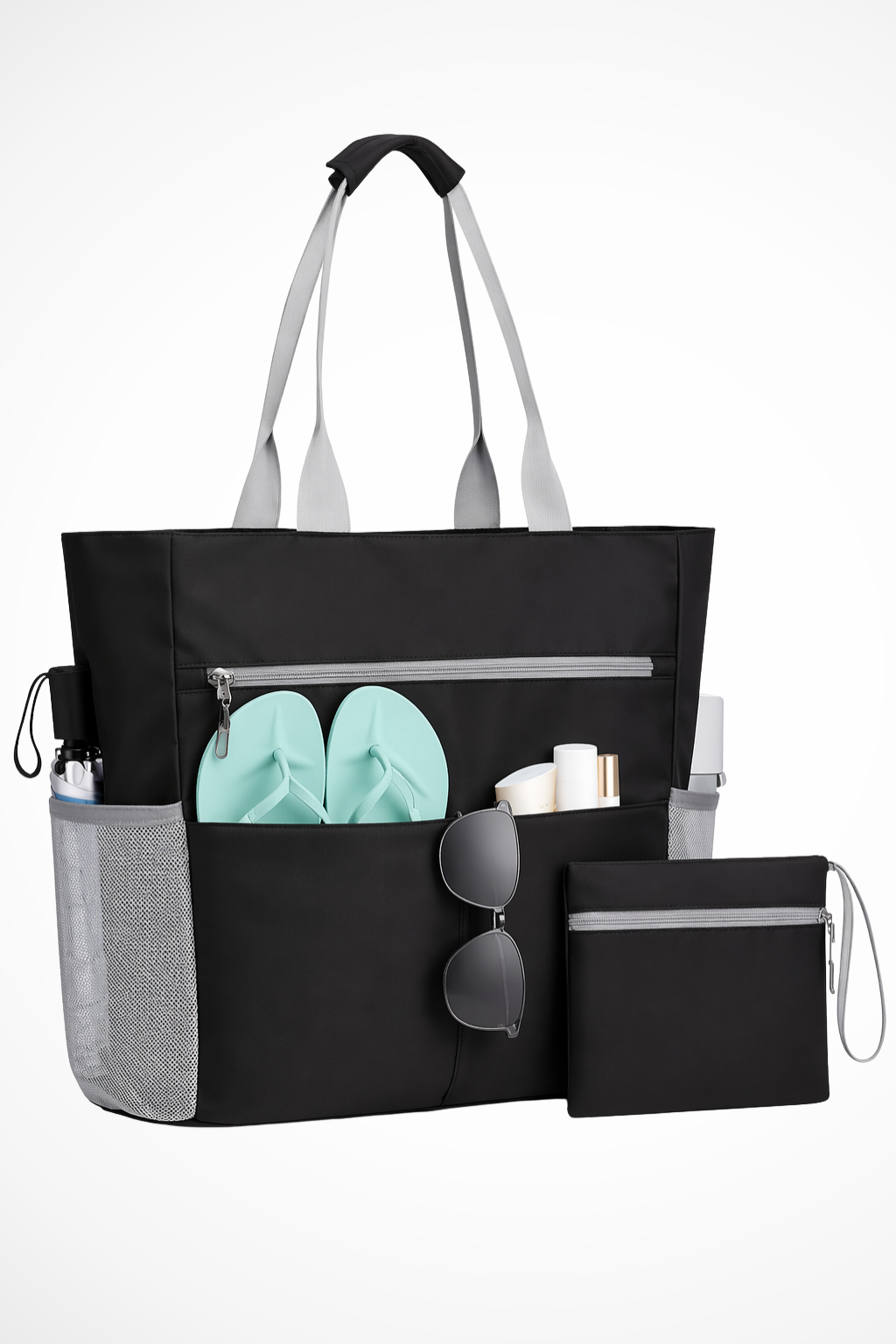 Sac cabas femme grand format imprimé rayures poches multiples fermeture zippée