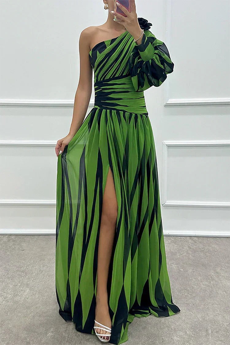 Robe longue invitée mariage asymétrique rayures fente manche bouffante