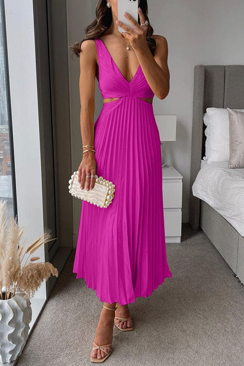 Robe midi plissée femme col V sans manches taille cintrée élégante