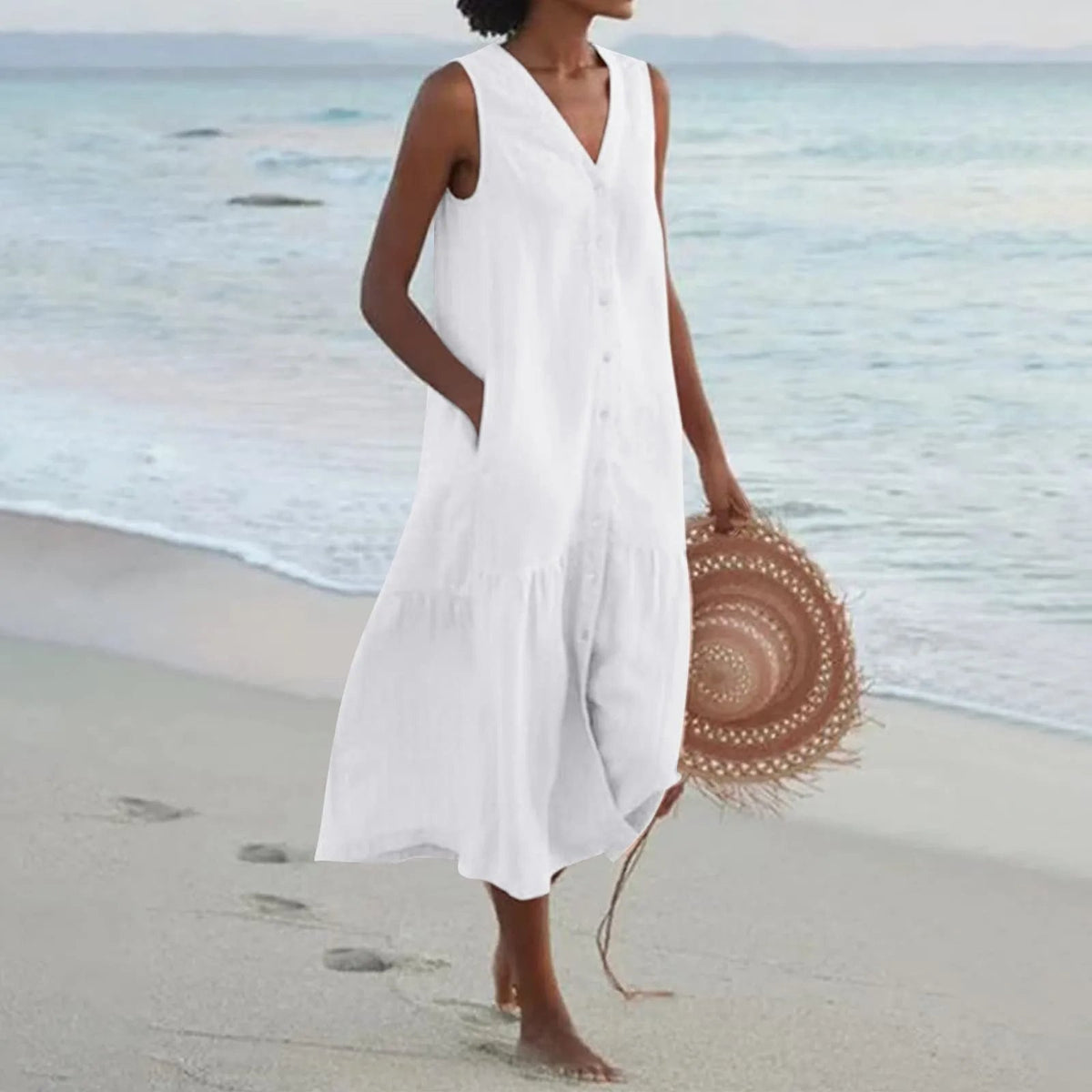 Robe midi femme col V sans manches boutonnée coupe ample poches