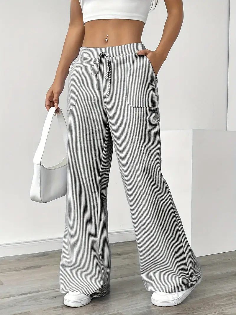 Pantalon large femme imprimé rayures taille élastique cordon poches fluide