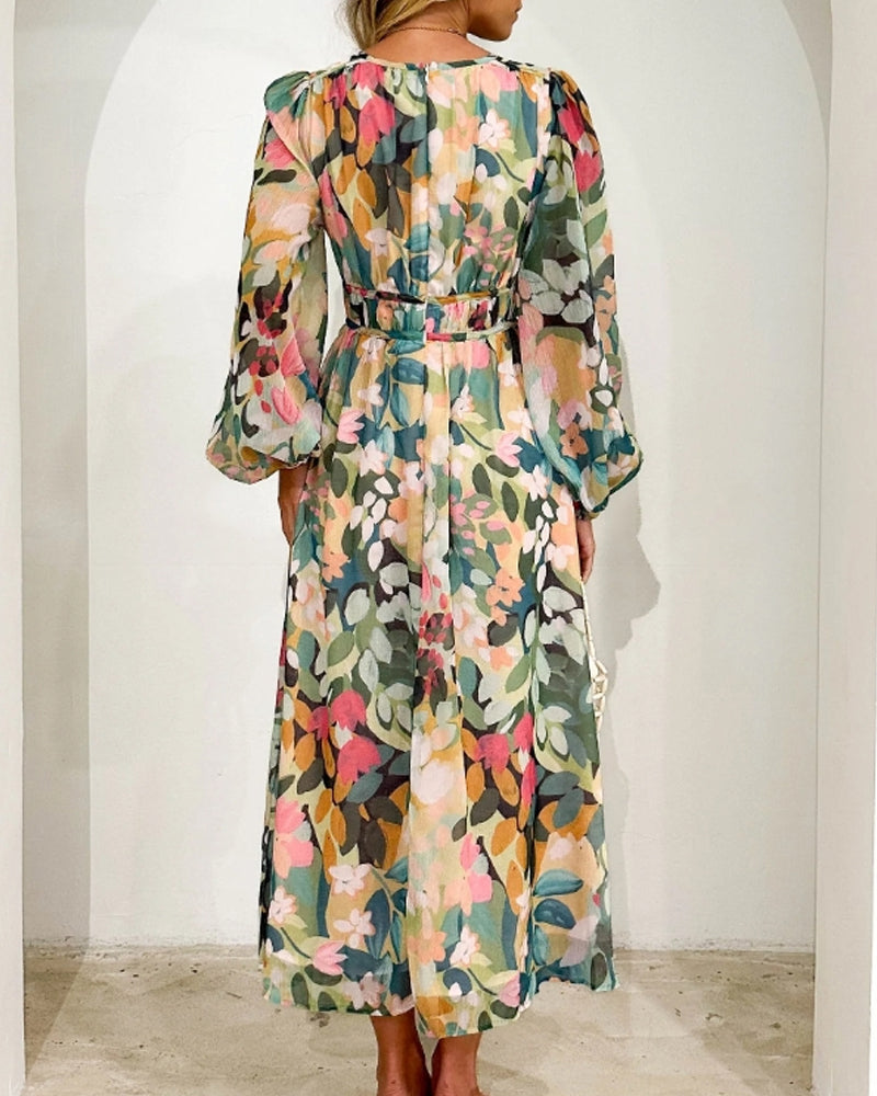 Robe bohème longue femme imprimé floral col V manches longues taille empire