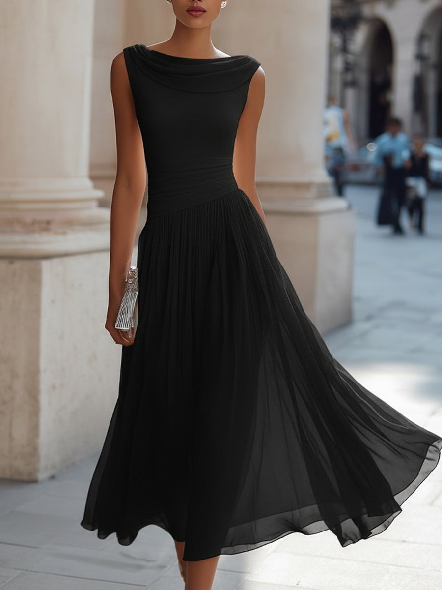 Robe midi invitée mariage plissée col drapé sans manches