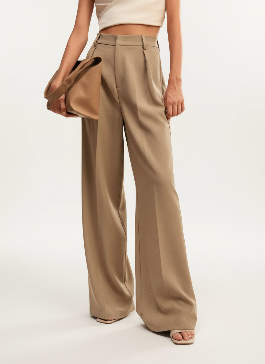 Pantalon large femme taille haute plis avant coupe fluide palazzo