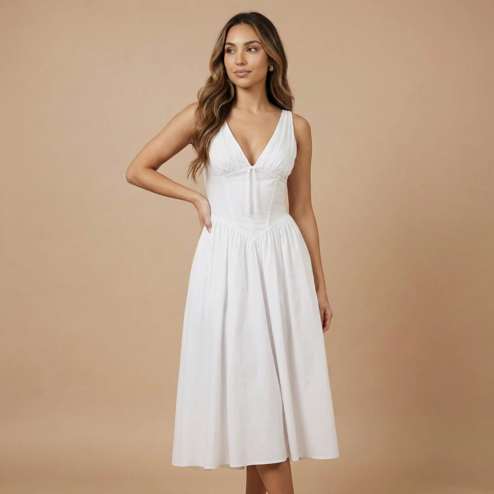 Robe midi femme col V sans manches taille corset poches mariage cérémonie