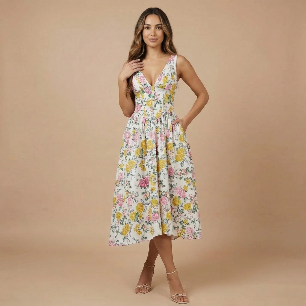 Robe midi femme col V sans manches taille corset poches mariage cérémonie