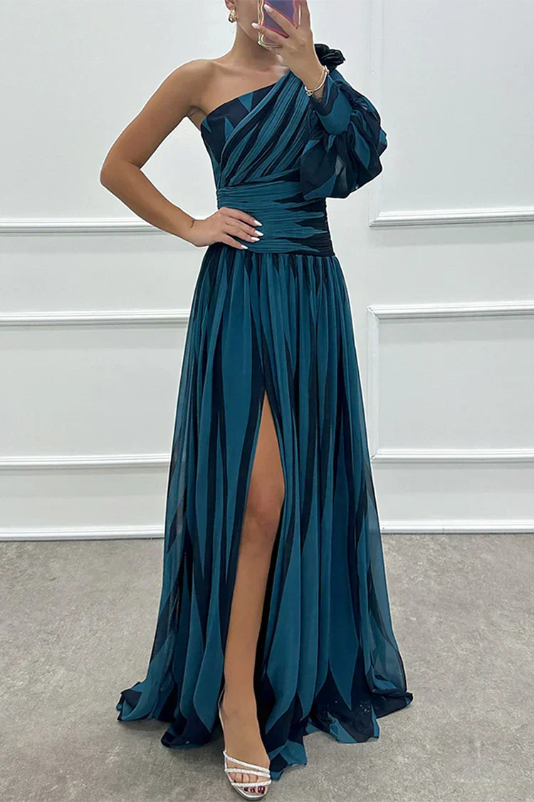 Robe longue invitée mariage asymétrique rayures fente manche bouffante