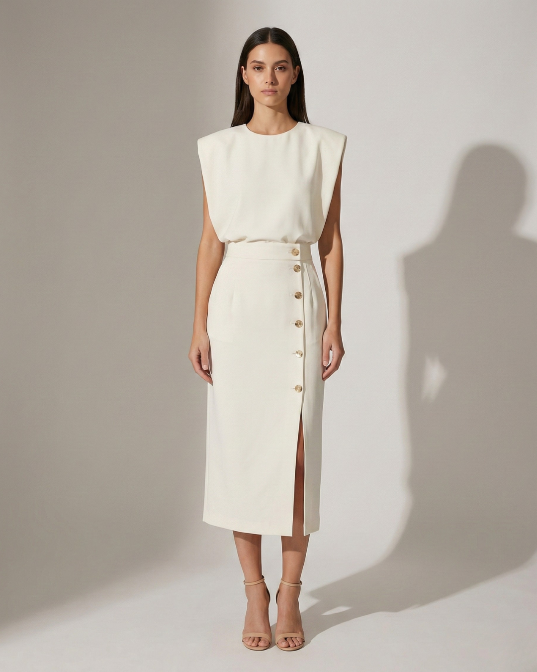 Robe midi femme cintrée à boutons décoratifs et fente élégante