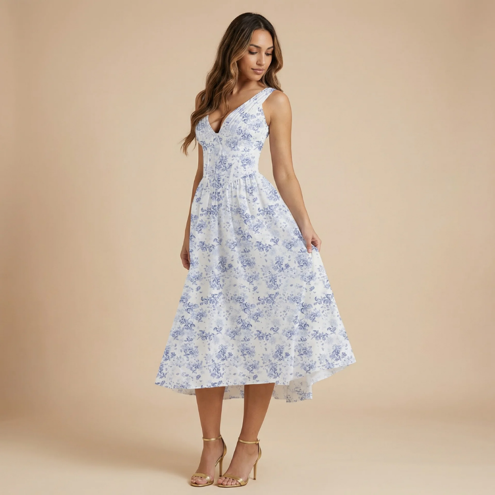 Robe midi femme col V sans manches taille corset poches mariage cérémonie