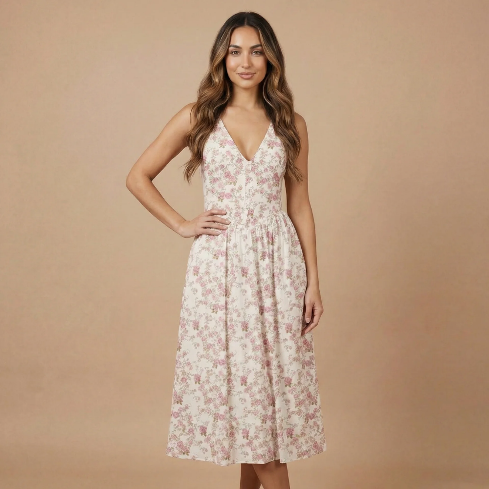 Robe midi femme col V sans manches taille corset poches mariage cérémonie