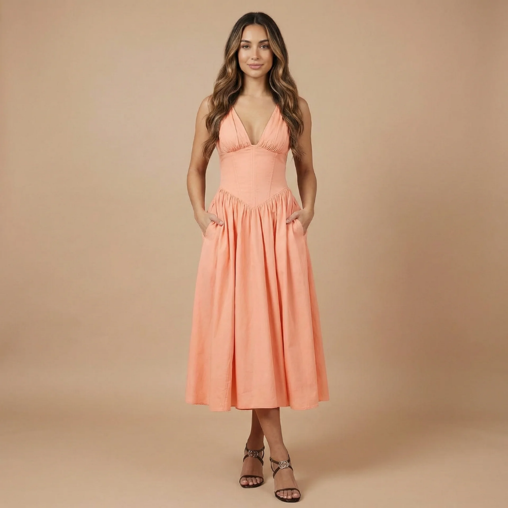 Robe midi femme col V sans manches taille corset poches mariage cérémonie