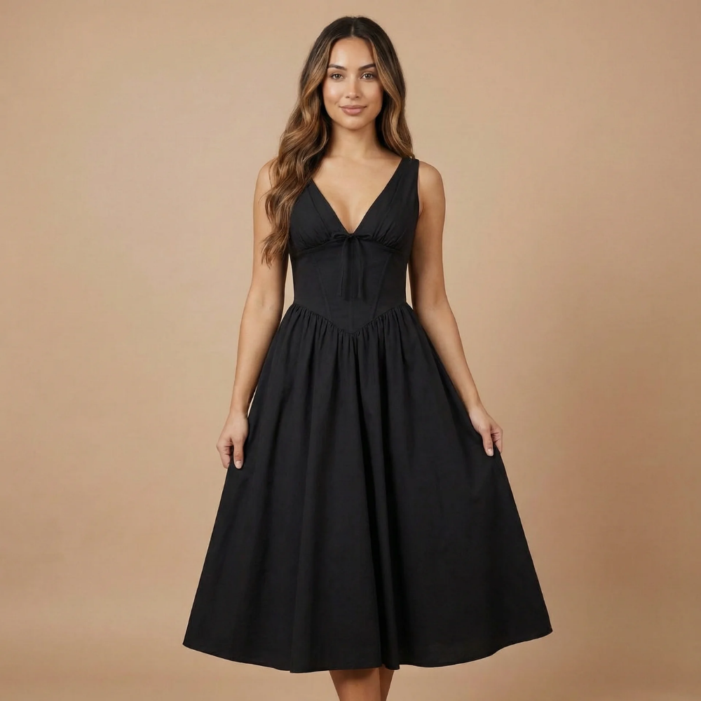 Robe midi femme col V sans manches taille corset poches mariage cérémonie