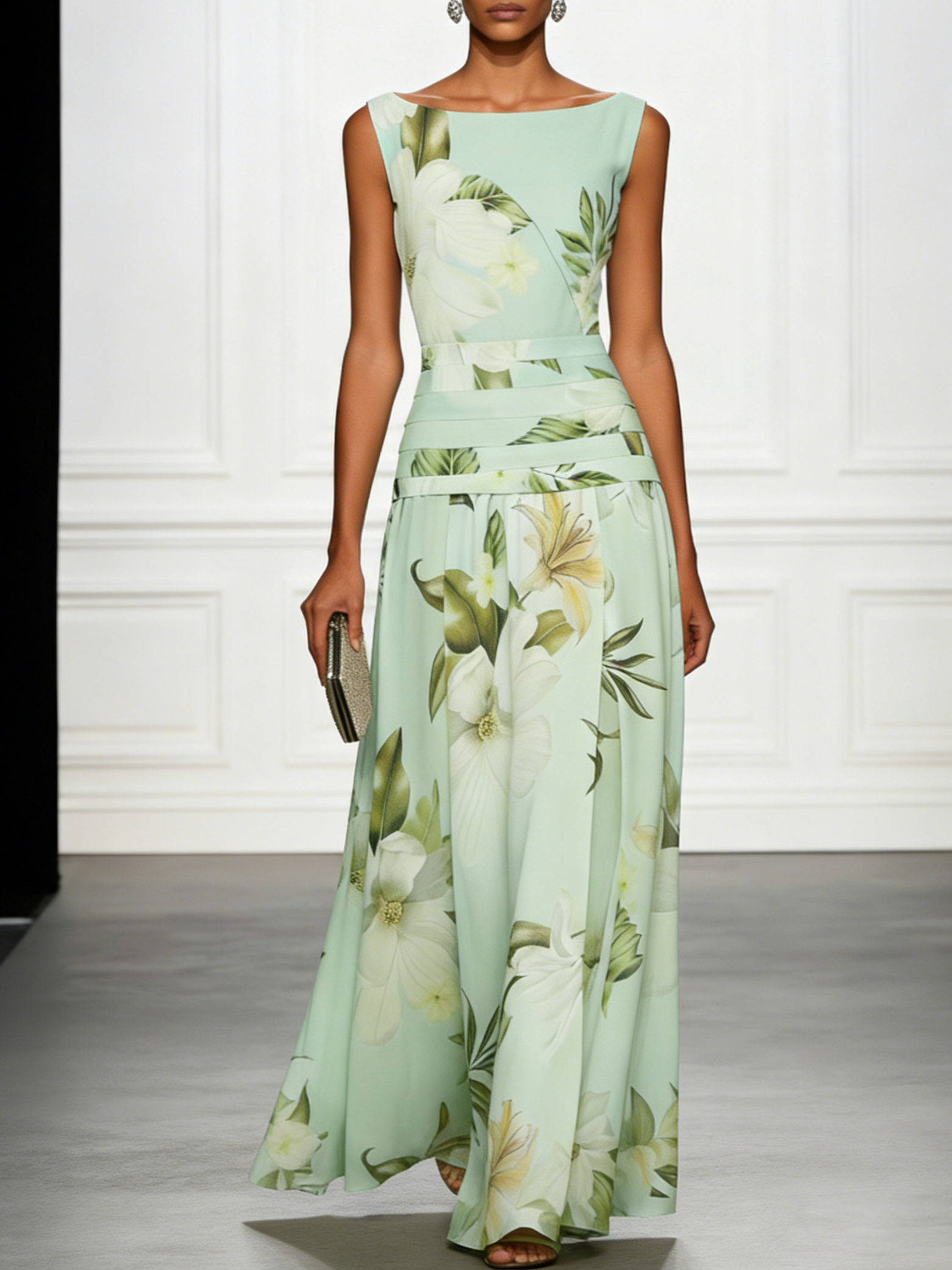 Robe longue fleurie invitée mariage col bateau sans manches