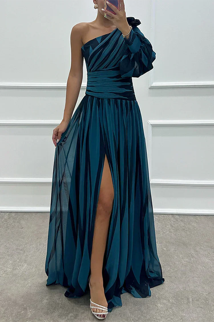 Robe longue invitée mariage asymétrique rayures fente manche bouffante